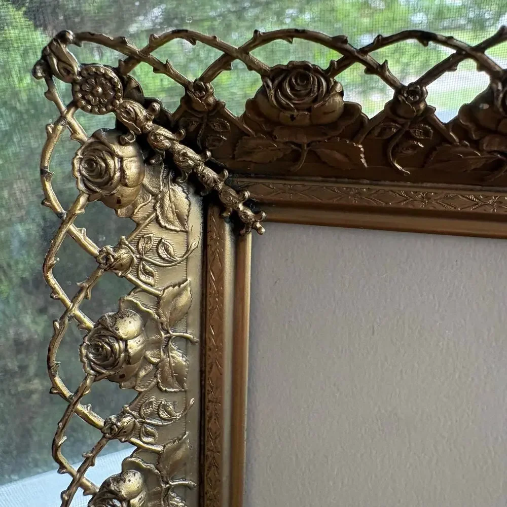 Vintage Signed Baby Portrait Drawing in Gold Tone Rose Filigree Frame